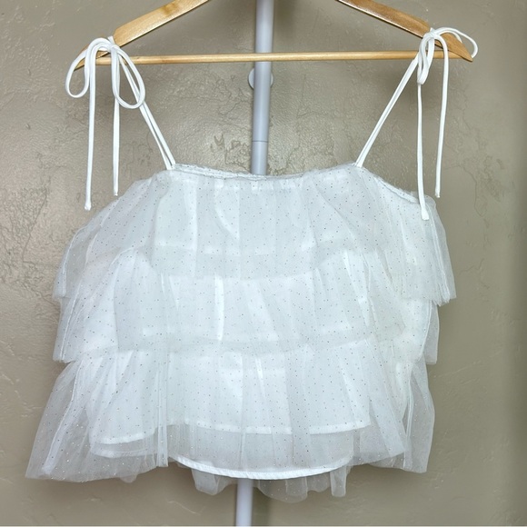 NWOT: Women’s Lush Tulle Crop Top Medium White with Tiny Gold Sparkle - Picture 4 of 5